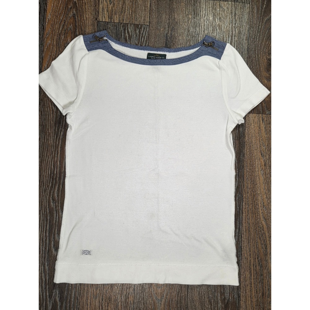 Lauren Ralph Lauren White Cotton Boat Neck Top Blue Chambray Zipper Shoulder M